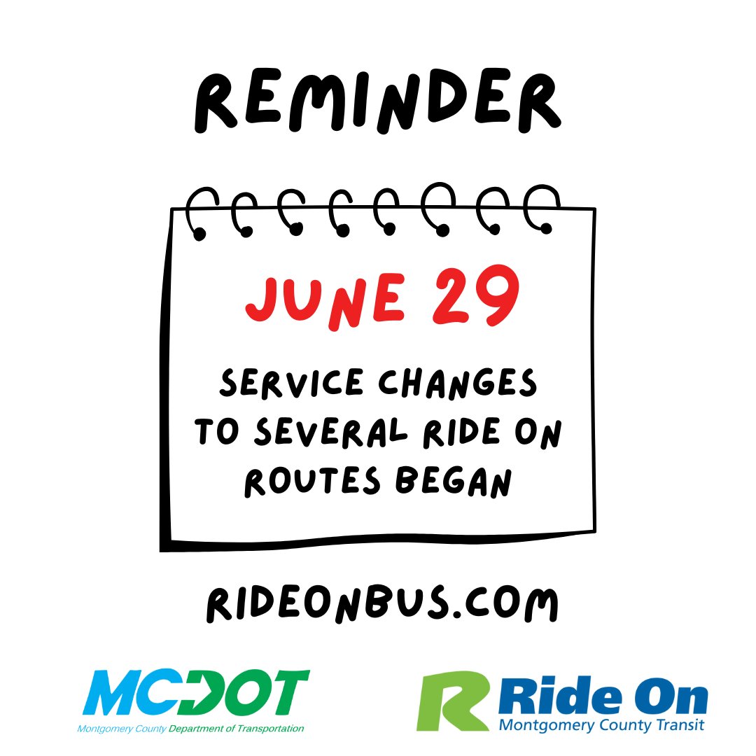 RideOnMCT's tweet image. Ride On implemented changes to several bus routes on June 29. To see a full list of impacted routes, visit montgomerycountymd.gov/DOT-Transit/ch… @mcdotnow