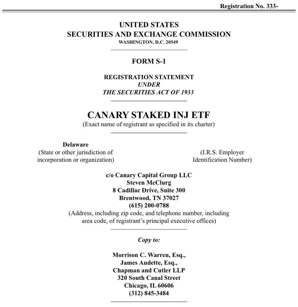 🚨 BREAKING: Canary Capital presenta domanda alla SEC per lanciare un ETF Staked Injective