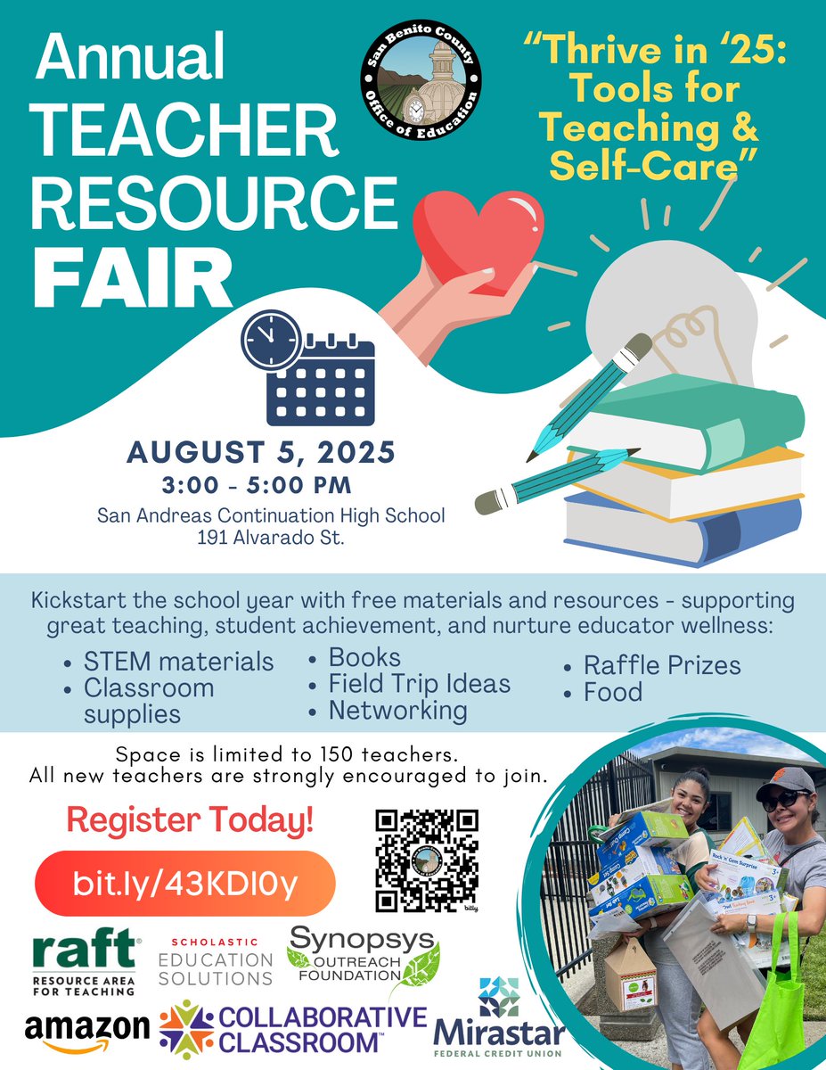 SBCOE95023's tweet photo. SBC Teachers! Join SBCOE for our Annual Teacher Resource Fair August 5, 3-5pm at San Andreas Continuation High School for free STEM materials, classroom supplies, books, food and raffles. Space is limited to 150 teachers. Register at https://t.co/82PyARY2B7. #sbcoeEducates https://t.co/8qTdP1F2IS