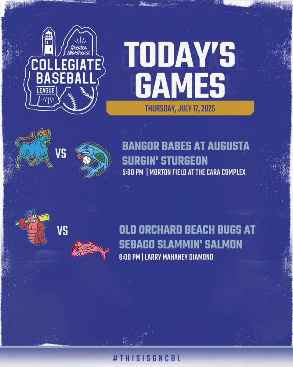 Surf, turf, and sizzling matchups on deck! 

Augusta hosts a coastal clash, while Sebago serves up a seafood showdown. It’s a full slate of baseball and good vibes all day long.

#GNCBL #ThisIsGNCBL #SummerBaseball
