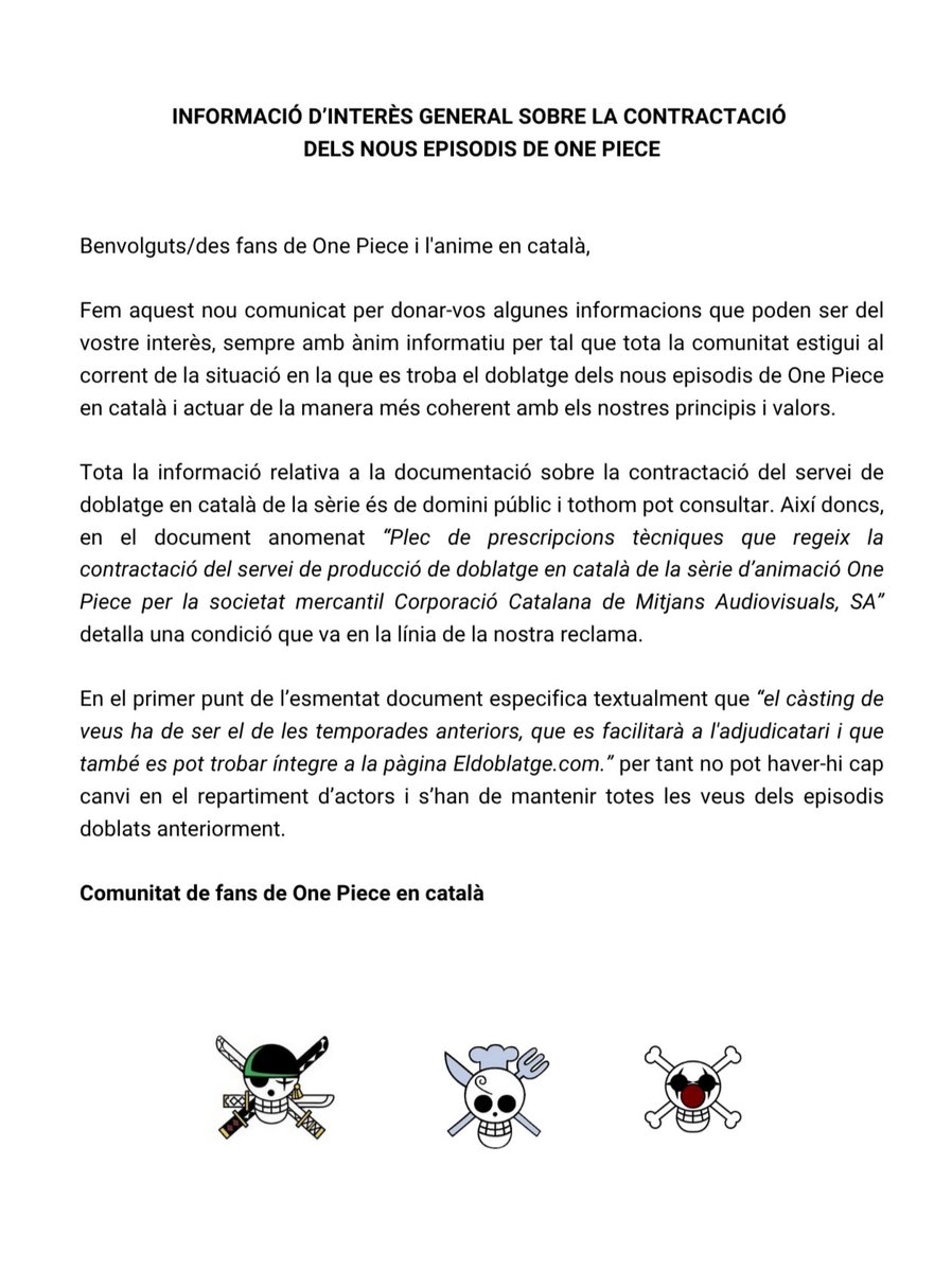 salvemopcat's tweet image. Des de la iniciativa "Salvem One Piece en català" i la comunitat de fans compartim una sèrie d'informació rellevant relativa al doblatge dels nous episodis de la sèrie en català per a posar en context a tots els seguidors i seguidores de One Piece i l'anime en català.