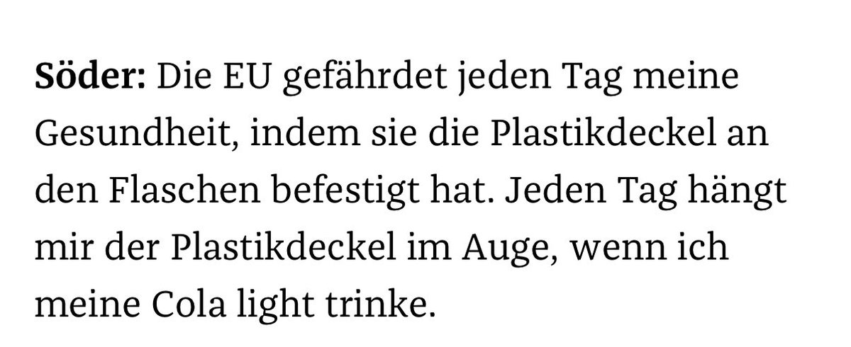 𝘒𝘢𝘵𝘩𝘳𝘪𝘯 𝘌♭ (@musician1980) on Twitter photo 💥 Tragödie in Bayern
Markus S. (58) erneut von Plastikdeckel angegriffen!
Wenn dir täglich der Cola-Deckel ins Auge fliegt, lieber <a href="/Markus_Soeder/">Markus Söder</a>, ist vielleicht nicht die EU das Problem, sondern du brauchst einfach einen Becher mit Schnabel. 😉
zeit.de/zeit-magazin/u… 💥 Tragödie in Bayern
Markus S. (58) erneut von Plastikdeckel angegriffen!
Wenn dir täglich der Cola-Deckel ins Auge fliegt, lieber <a href="/Markus_Soeder/">Markus Söder</a>, ist vielleicht nicht die EU das Problem, sondern du brauchst einfach einen Becher mit Schnabel. 😉
zeit.de/zeit-magazin/u…