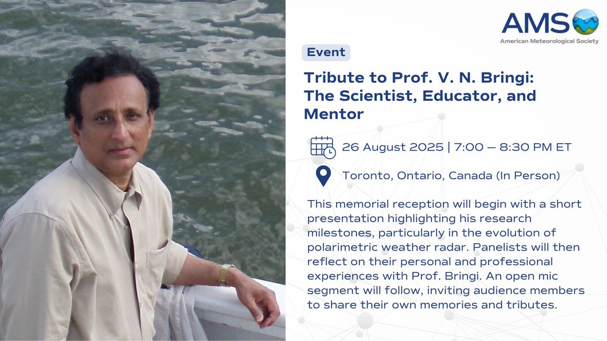ametsoc's tweet image. Join us at the 41st International Conference on Radar Meteorology's memorial reception to celebrate Prof. V. N. Bringi’s outstanding contributions to radar meteorology and education.
Learn more about this event: bit.ly/46G1Eja #AMS41Radar @ametsoc_radar