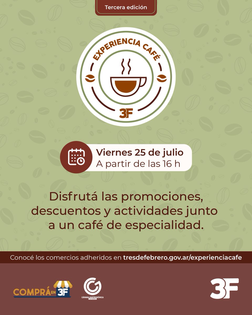 Flavia_typ's tweet image. ¡Nueva Experiencia Café en 3F! ☕🎉
No te pierdas las promociones y descuentos del próximo viernes 25 de julio a partir de las 16 hs 🕓 en locales de Tres de Febrero 🛍️
📍 Consultá los comercios adheridos en:
🔗 tresdefebrero.gov.ar/experienciacafe
@3framos @franco_bonaro
