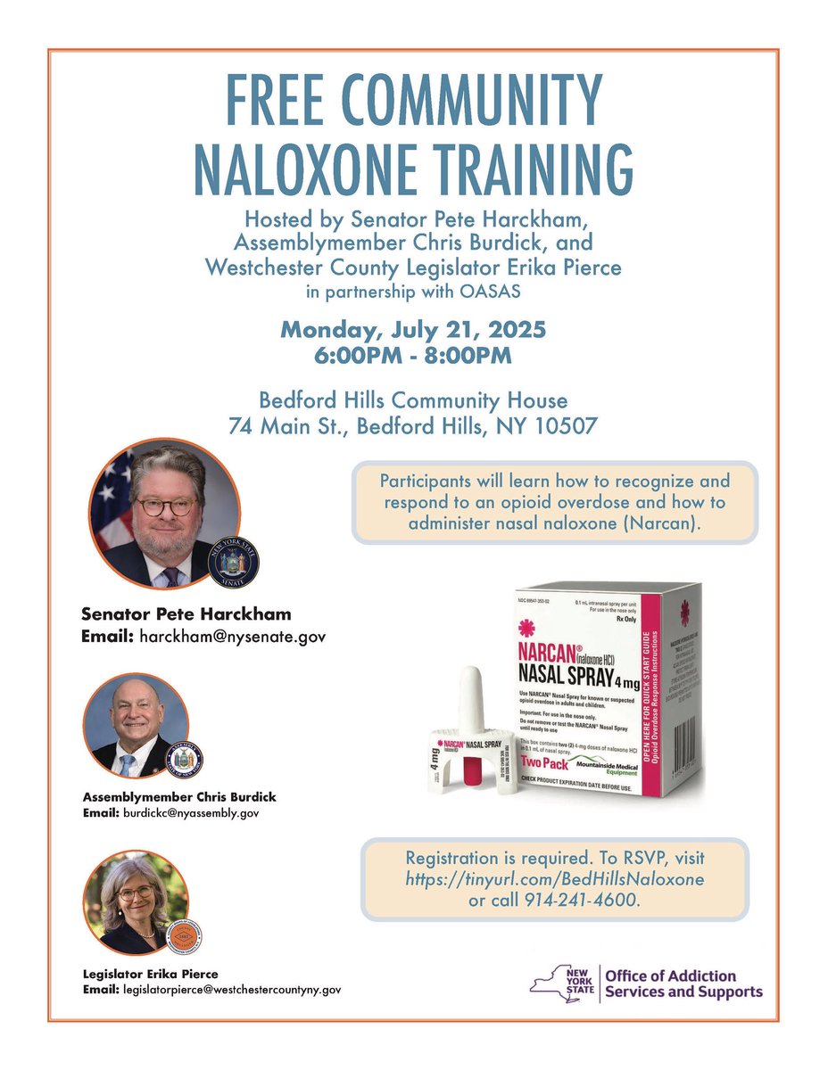 SenatorHarckham's tweet image. I’m hosting a free naloxone training w/ @BurdickAD93, Legislator Erika Pierce & @NYSOASAS at the Bedford Hills Community House next Monday from 6 - 8 PM.
Learn how to recognize signs of an overdose & administer life-saving medication.
Register below:
docs.google.com/forms/d/e/1FAI…