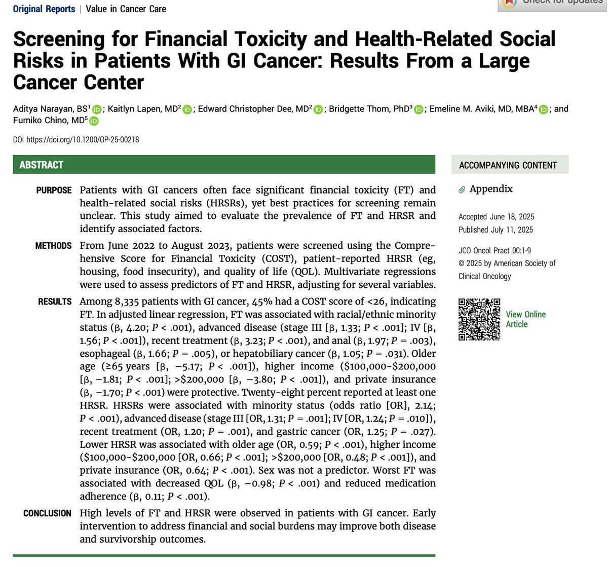 Edward Christopher "Chris" Dee, MD (@echrisdee) on Twitter photo 📜 Our paper "Screening for Financial Toxicity and Health-Related Social Risks in Patients With GI Cancer: Results From a Large Cancer Center" out in <a href="/JCOOP_ASCO/">JCO Oncology Practice</a>
Grateful to <a href="/KaitlynLapen/">Kaitlyn Lapen</a> Aditya Narayan <a href="/BThomPhD/">Bridgette Thom, PhD</a> <a href="/EmelineAvikiMD/">Emeline Aviki, MD, MBA</a> @FumikoChino!
🔗 ascopubs.org/doi/full/10.12… 📜 Our paper "Screening for Financial Toxicity and Health-Related Social Risks in Patients With GI Cancer: Results From a Large Cancer Center" out in <a href="/JCOOP_ASCO/">JCO Oncology Practice</a>
Grateful to <a href="/KaitlynLapen/">Kaitlyn Lapen</a> Aditya Narayan <a href="/BThomPhD/">Bridgette Thom, PhD</a> <a href="/EmelineAvikiMD/">Emeline Aviki, MD, MBA</a> @FumikoChino!
🔗 ascopubs.org/doi/full/10.12…