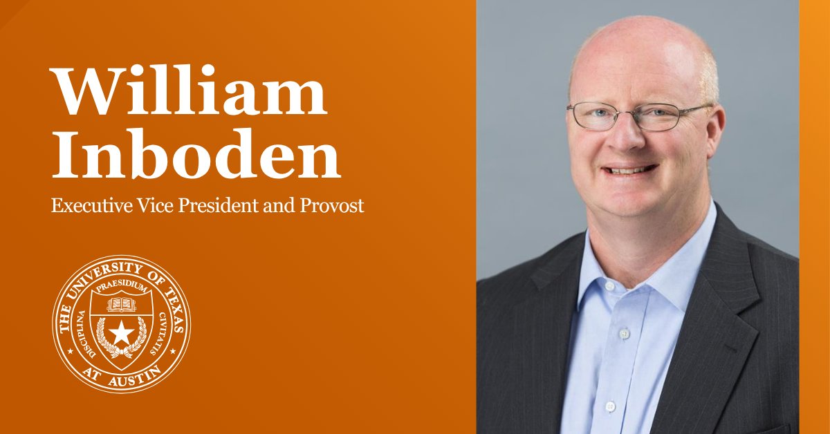 UTAustin's tweet image. William Inboden will serve as UT Austin’s next Executive Vice President and Provost. This marks a homecoming for the award-winning teacher and renowned national security and foreign policy scholar, who previously served in several academic leadership roles at the University and…