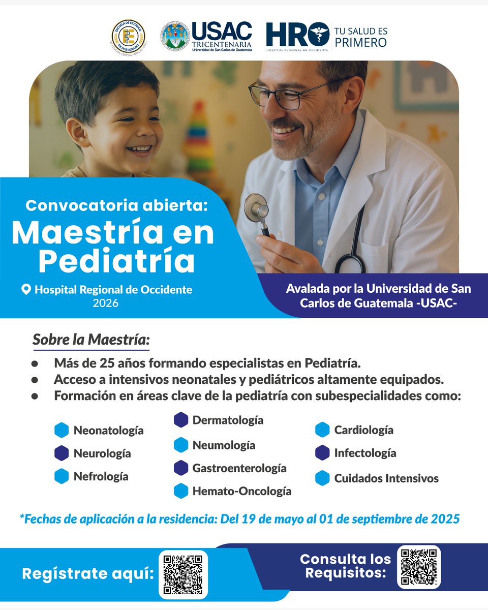 #TuSaludEsPrimero | 🎓📢 ¡Atención profesionales de la salud!
El Departamento de Postgrados del CUNOC y Pediatría del HRO te  invitan a participar en la convocatoria abierta para la Maestría en Pediatría 🩺👶
📌 Toda la información necesaria para aplicar está disponible aquí👇🏽
