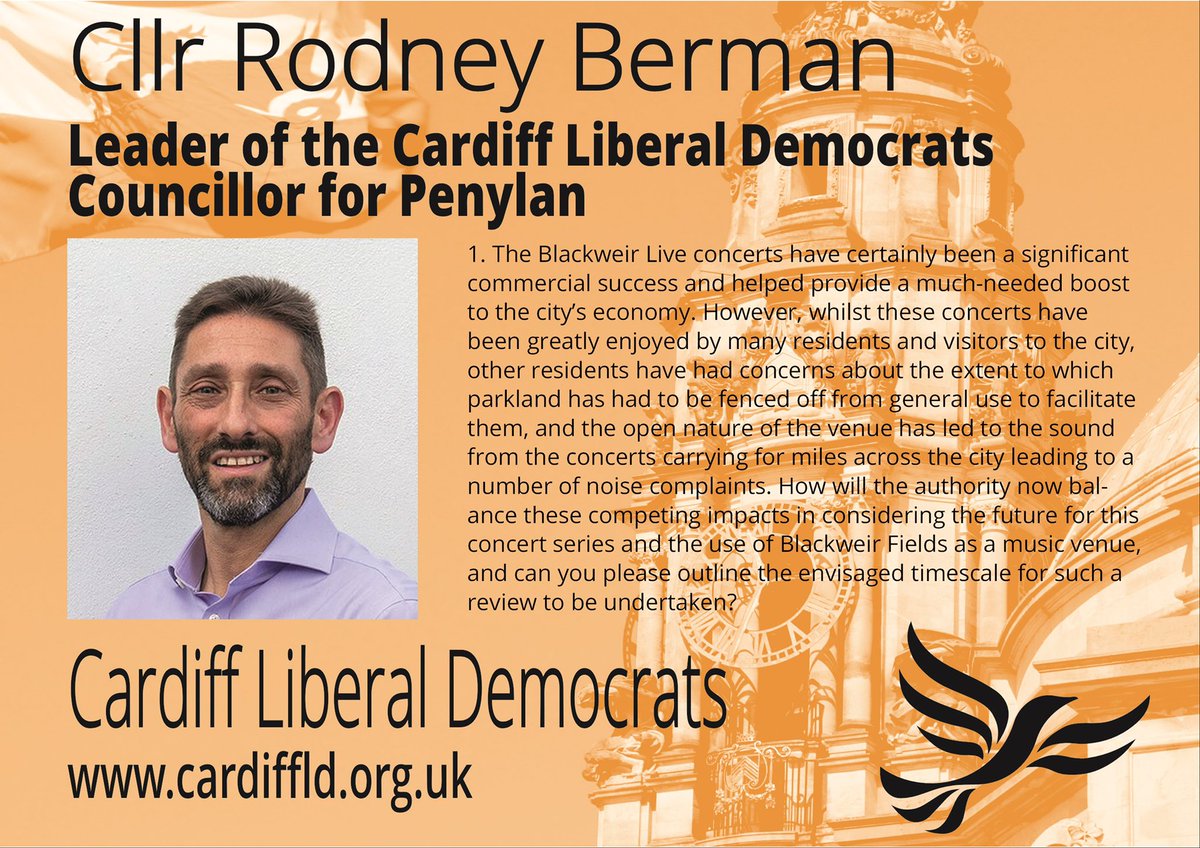 Cardiff Liberal Democrats (@cardifflibdems) on Twitter photo We are now onto oral questions. The first question is from our leader and Penylan councillor <a href="/rodneyberman/">Rodney Berman</a> on Blackweir Live. He called on the council to do more to reduce noise pollution and disturbance for residents living in surrounding communities We are now onto oral questions. The first question is from our leader and Penylan councillor <a href="/rodneyberman/">Rodney Berman</a> on Blackweir Live. He called on the council to do more to reduce noise pollution and disturbance for residents living in surrounding communities
