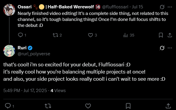 So I posted an update because I had to delay my debut, I've been super busy recently but will be starting soon :]

...anyways why have i got 2 completely ai responses, one just. rewriting my tweet in chatgpt and the other saying the side project i havent shown off looks cool