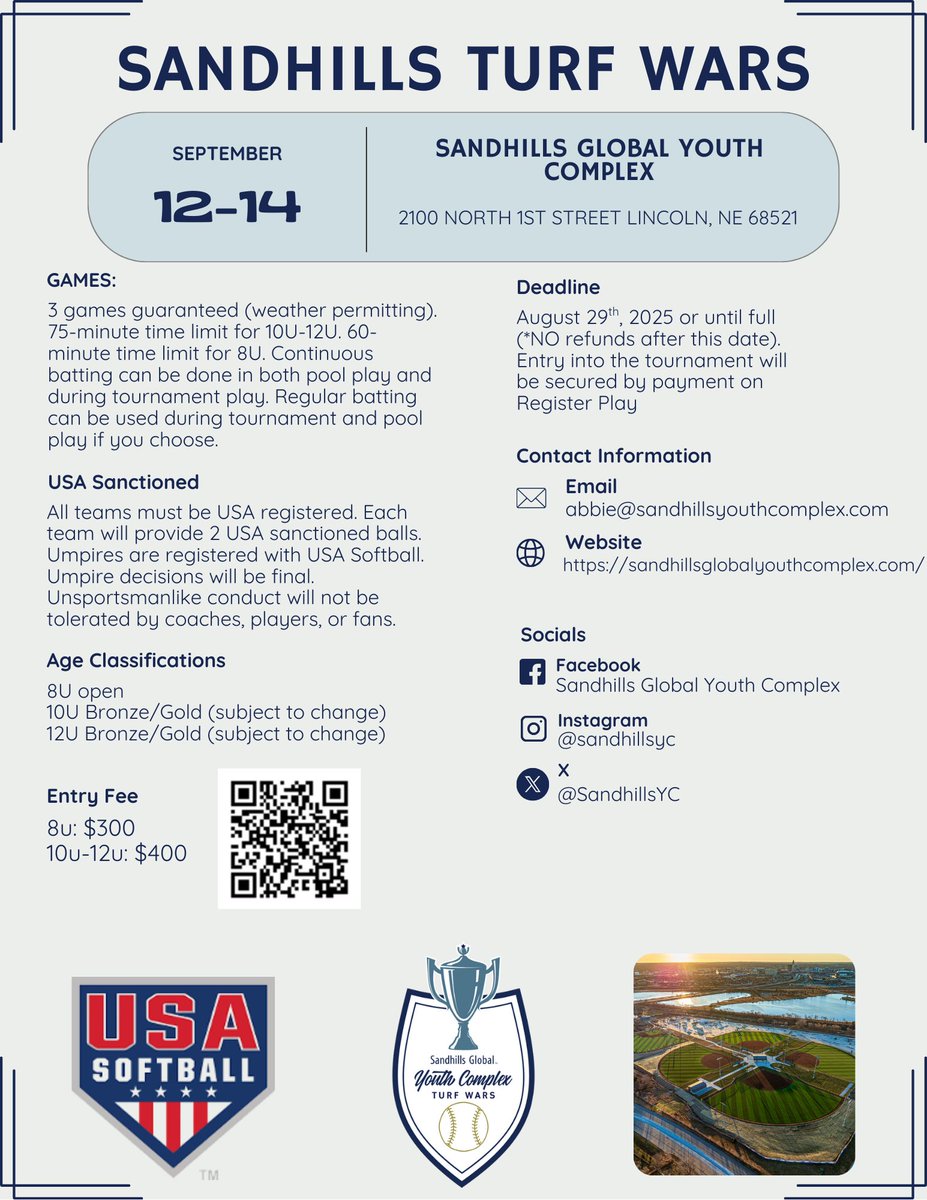 Softball coaches, it’s go time. The Sandhills Turf Wars softball tournament is officially open for registration!
Scan the QR code to lock in your spot.
