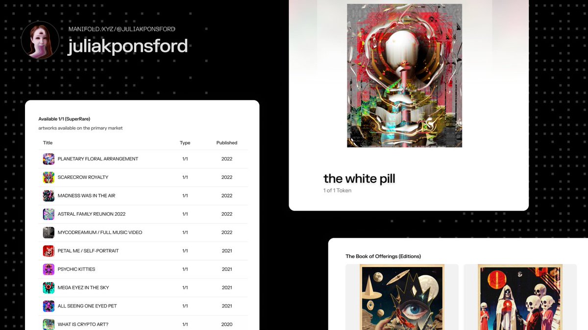 <a href="/juliakponsford/">⏚ ALIEN HONEY ⏚</a> Awesome use of custom pages to organize and display works
manifold.xyz/@juliakponsford