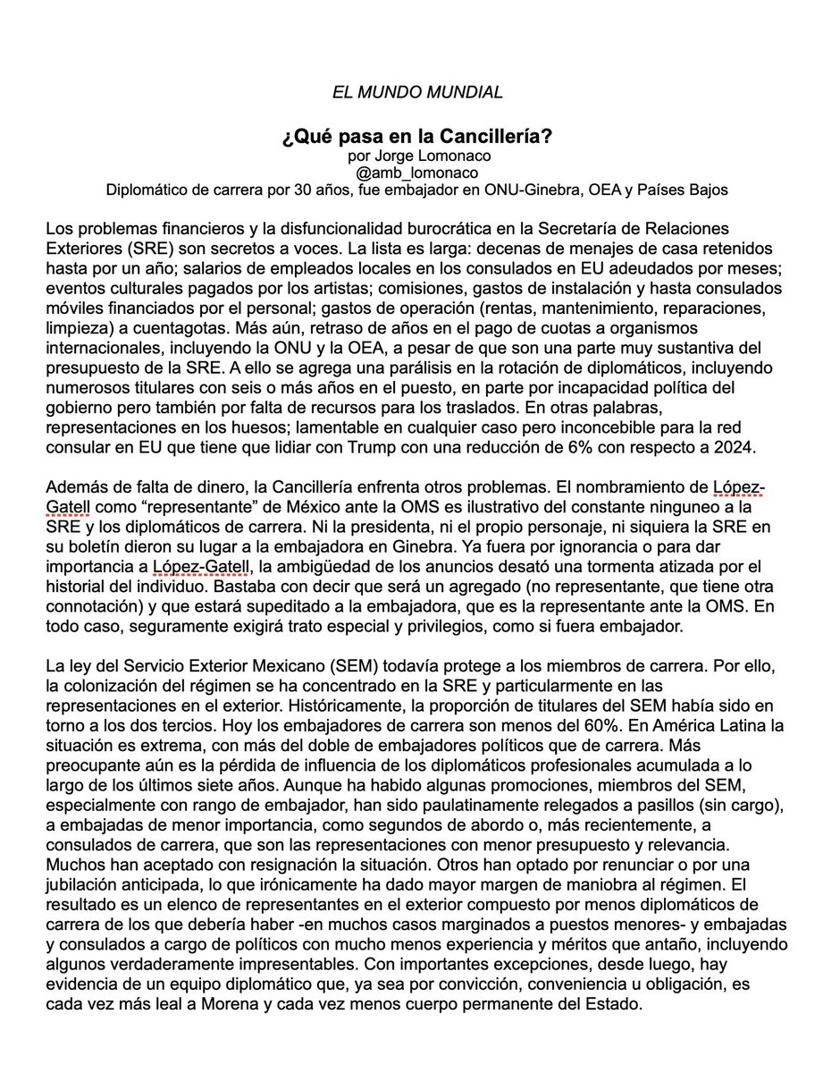 Jorge Lomonaco (@amb_lomonaco) on Twitter photo Con importantes excepciones, desde luego, hay evidencia de que el equipo diplomático en la <a href="/SRE_mx/">Relaciones Exteriores</a>, ya sea por convicción, conveniencia u obligación, es cada vez más leal a Morena y cada vez menos cuerpo permanente del Estado. Mi columna <a href="/Univ_Opinion/">Opinión El Universal</a>: eluniversal.com.mx/opinion/jorge-… Con importantes excepciones, desde luego, hay evidencia de que el equipo diplomático en la <a href="/SRE_mx/">Relaciones Exteriores</a>, ya sea por convicción, conveniencia u obligación, es cada vez más leal a Morena y cada vez menos cuerpo permanente del Estado. Mi columna <a href="/Univ_Opinion/">Opinión El Universal</a>: eluniversal.com.mx/opinion/jorge-…