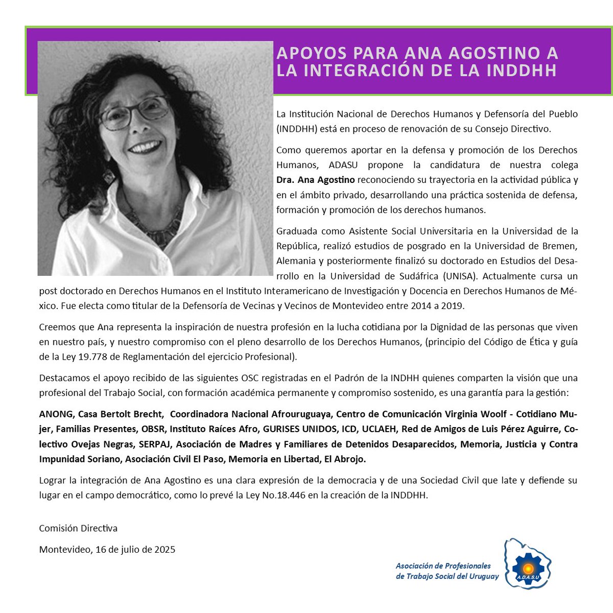 Hoy presentamos a la colega Ana Agostino como candidata para integrar el directorio de la Institución Nacional de Derechos Humanos y Defensoría del Pueblo (INDDHH) 

Destacamos el apoyo recibido de las OSC registradas en el Padrón de la INDHH

Éxitos Ana!!