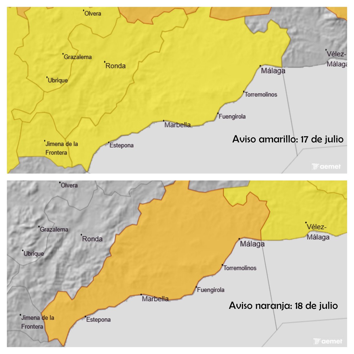 Ayto_Cartama's tweet image. La @AEMET_Andalucia activa AVISO NARANJA 🟠 POR ALTAS TEMPERATURAS para este viernes en el Valle del Guadalhorce.
Estará activo desde las 13.00 horas hasta las 21.00 horas y se prevé que se puedan alcanzar los 39 grados en algunos puntos.
Mucha precaución
#Cártama #avisos
