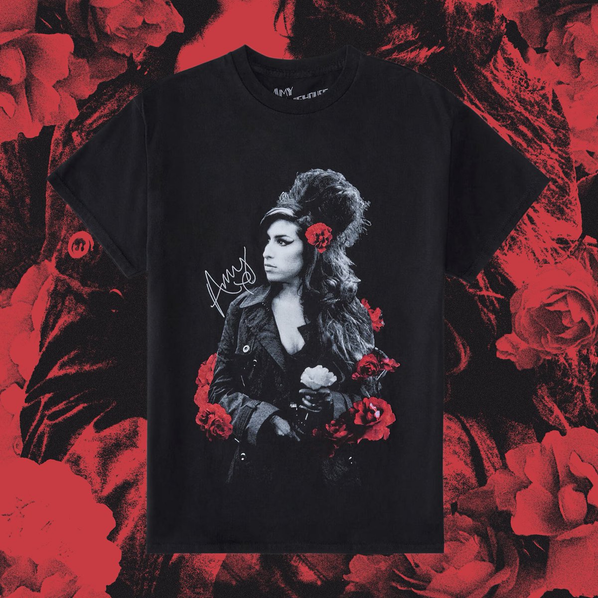baileyzindel's tweet image. roses tee for miss amy winehouse available at aeropostale 🌹 such an unreal honor to get to make some art for one of the greatest voices ever, tried to do her justice ❣️ biggest gratitude always