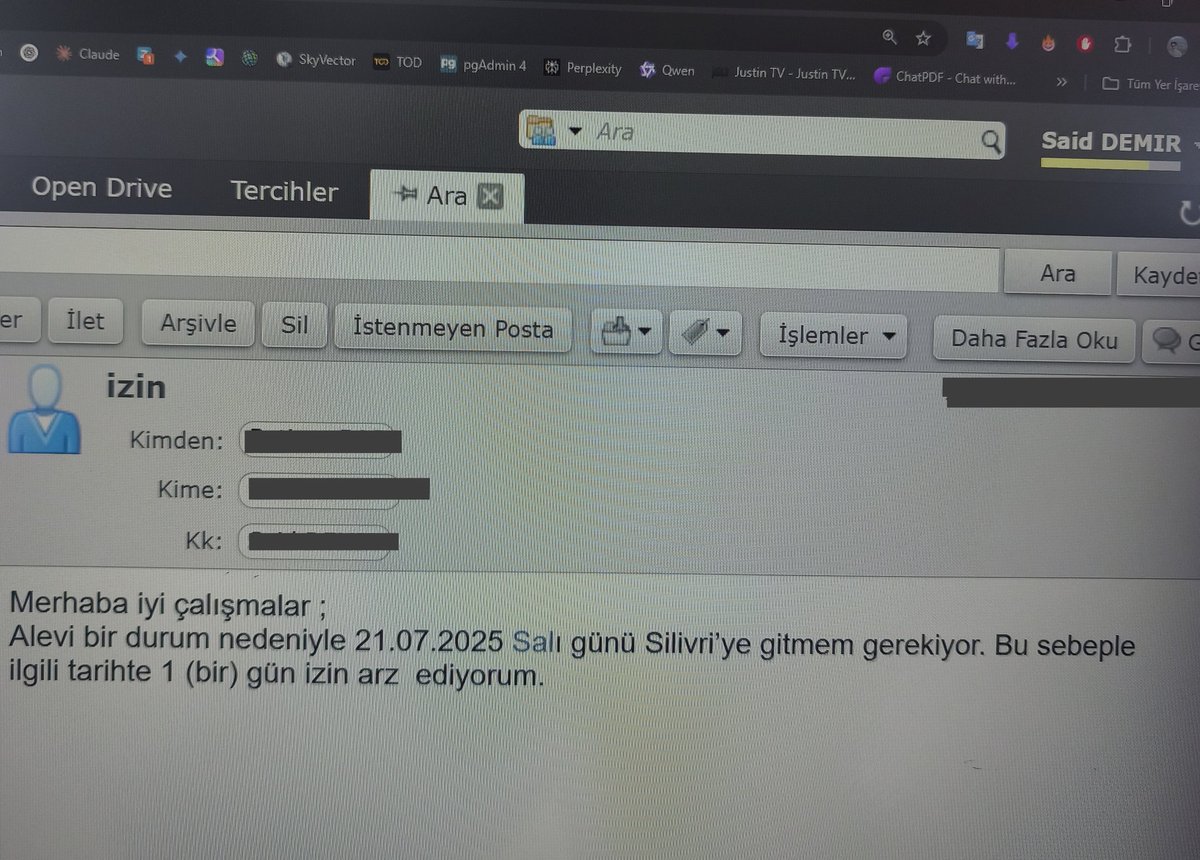 O tarihin Salı olmamasına mı takılayım izni bana arz etmesine mi takılayım yoksa alevi sebepleri olmasına mı
Bu mailin hakkı bilgisayar ekranına kırmızı boyayla çarpı atmak gibi geliyor.