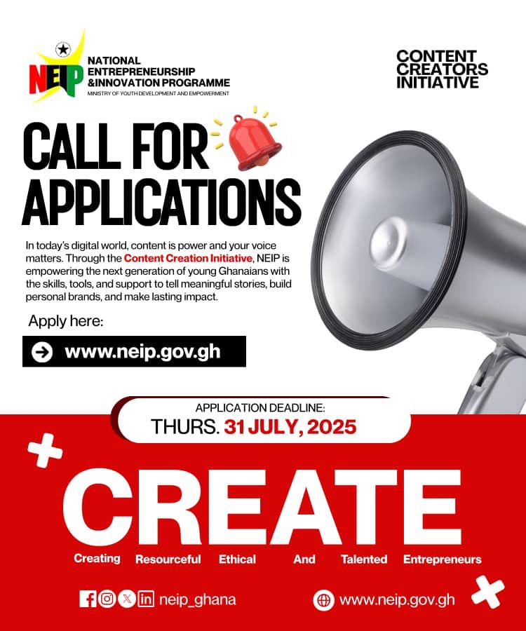 The National Entrepreneurship and Innovation Programme (NEIP) is proud to launch the Content Creation Initiative; a dynamic space where creativity meets purpose. This programme is designed to raise bold storytellers, digital influencers, and visual creators equipped to thrive in