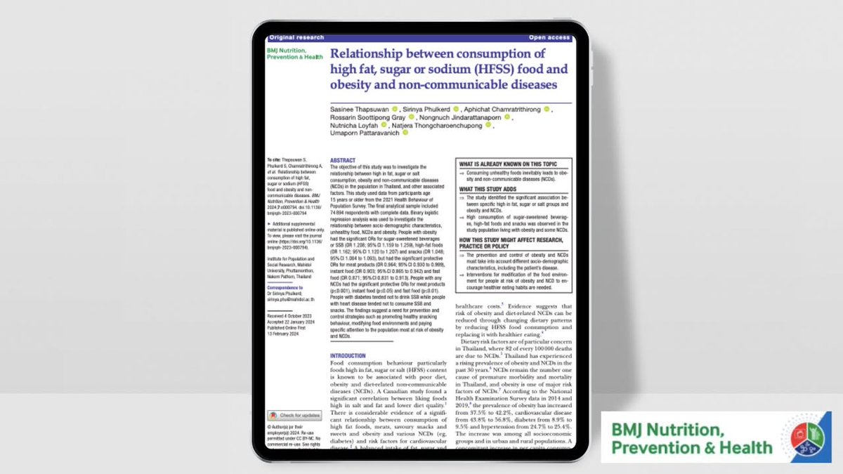 Unravelling the ties between unhealthy diet, obesity, and non-communicable diseases in Thailand. Let's crunch some data from the 2021 Health Behaviour of Population Survey! 📊💡🍔🍟 

bit.ly/4fh03lH

#PublicHealth #NutritionStudy #Thailand