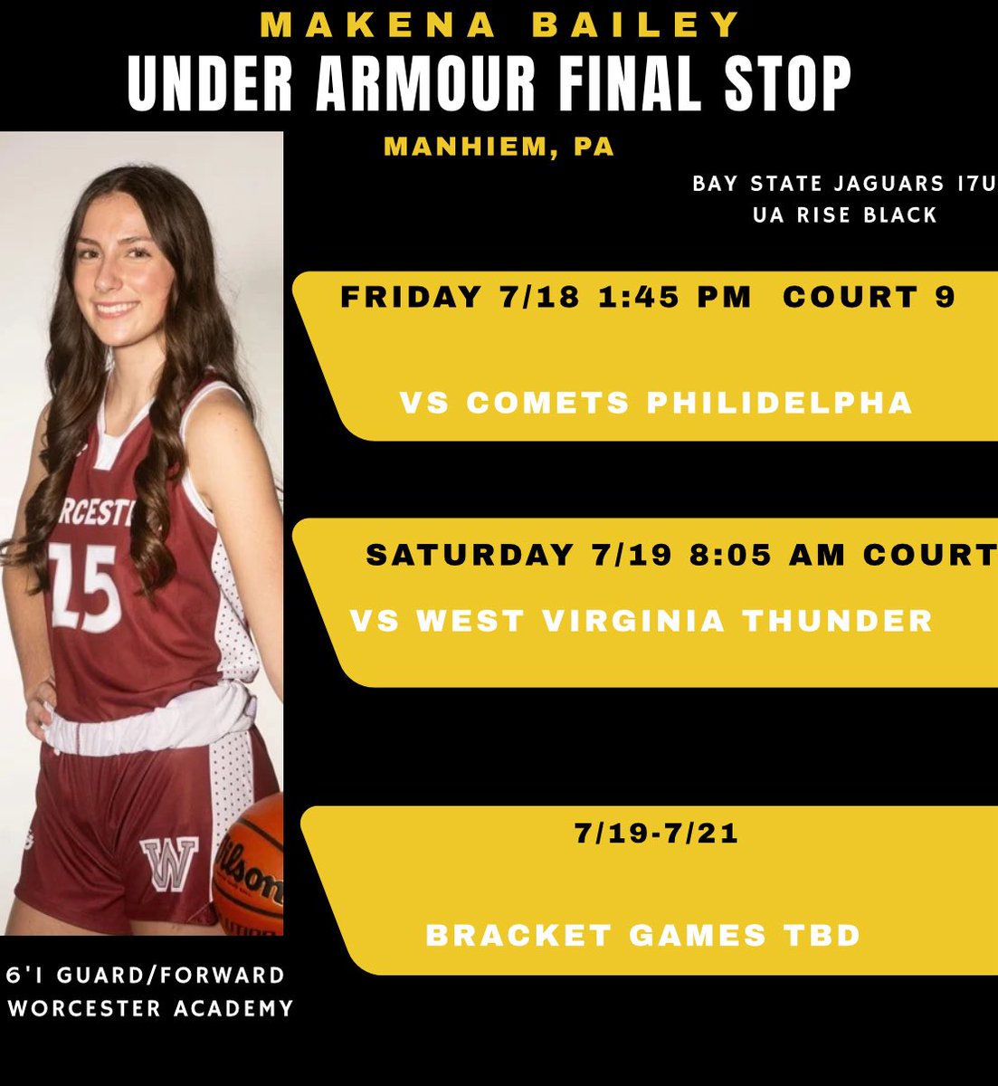 My schedule for this weekend in PA at the Under Armour Final Stop! Excited to finish out the AAU season with the Jags! <a href="/BayStateJags/">Bay State Jaguars</a> <a href="/WorcesterGBB/">Worcester Academy Girls Basketball</a> <a href="/LaurieBollin/">LAURIE BOLLIN</a> <a href="/mrodrigues423/">Matt Rodrigues</a> <a href="/tiffrod45/">Tiffany Rodrigues</a> <a href="/CoachTyMosley/">Coach Tyreik Mosley</a> <a href="/nehoopjournal/">New England Basketball Journal</a>