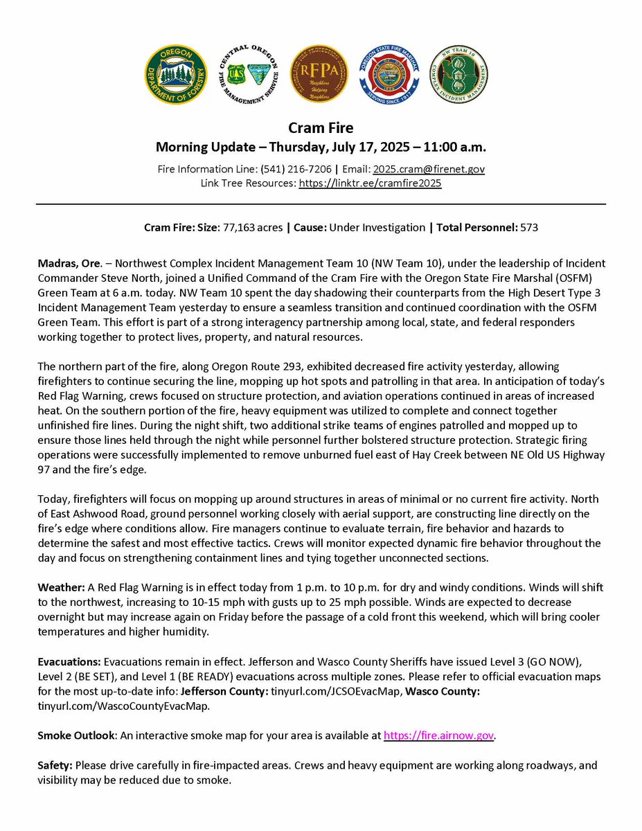 CentralORFire's tweet image. #CramFire Morning Update for July 17 is posted on Inciweb at inciweb.wildfire.gov/incident-publi…