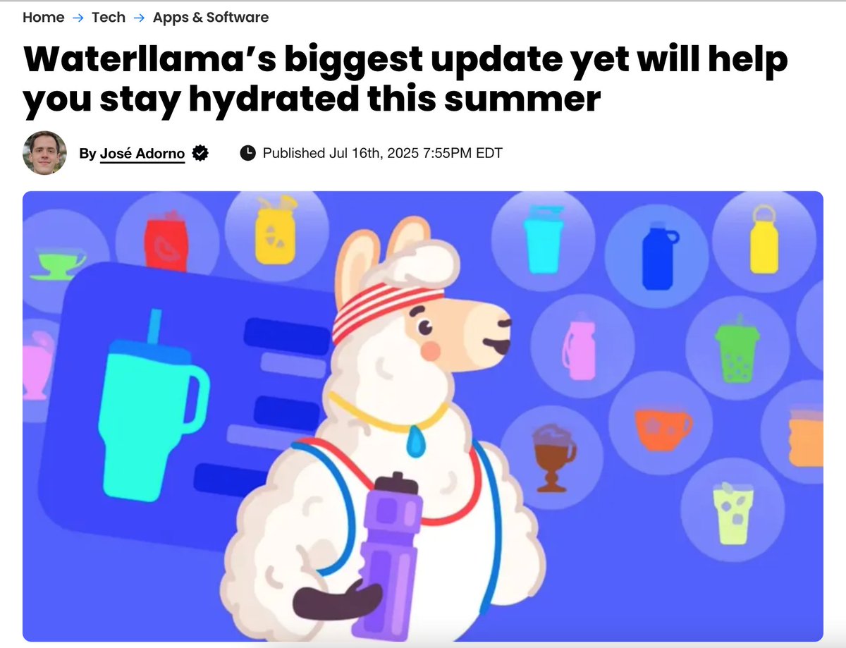 The major update is now live on the App Store and thanks to <a href="/joseadorno/">José Adorno</a> and <a href="/BGR/">BGR</a>  even more people will get to enjoy the perks of hydrating with Waterllama!

Big shoutout for the write-up and keeping hydration on the map this summer! 🦙☀️

👉 bgr.com/tech/waterllam…