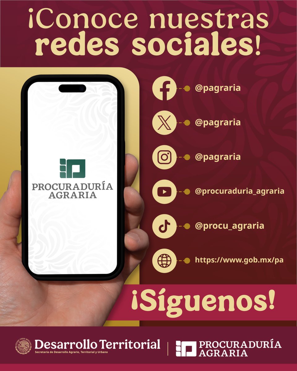 📌 Síguenos en todas nuestras plataformas, la #ProcuraduríaAgraria de tu lado.