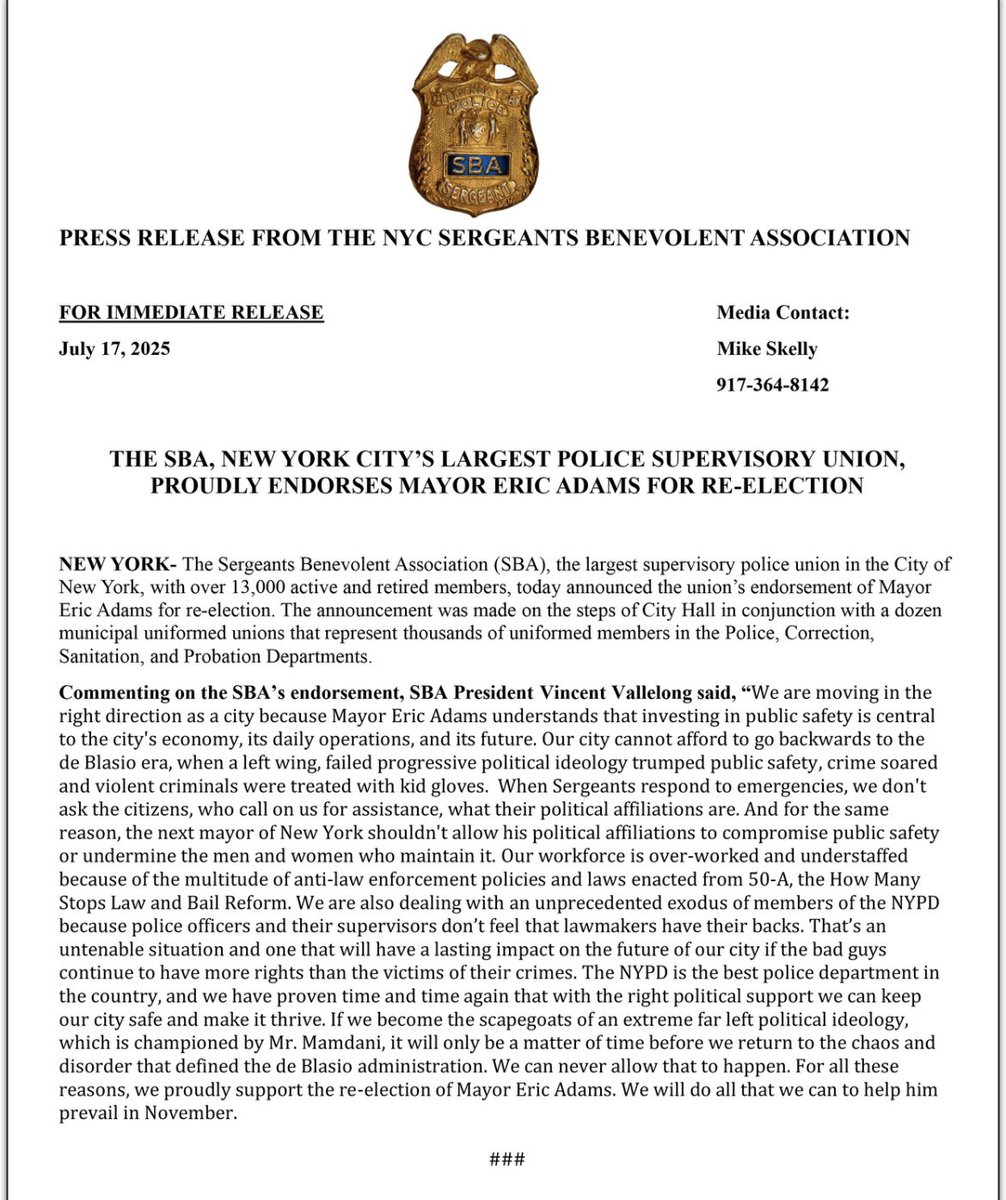 sbanypd's tweet image. “We are moving in the right direction as a city because Mayor Eric Adams understands that investing in public safety is central to the city's economy, its daily operations, and its future. Our city cannot afford to go backwards to the de Blasio era, when a left wing, failed…