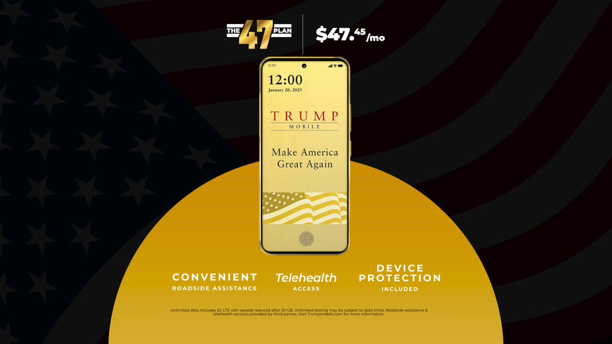 TrumpMobile's tweet image. Tired of high phone bills? Trump Mobile’s The 47 Plan gives you unlimited talk, text, and 5G data plus free roadside assistance and telehealth services—all for $47.45/mo, no contract or credit check.
Ready when you are. Sign up today!