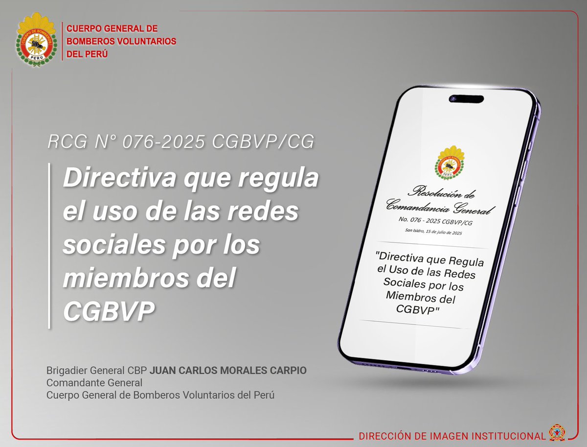 NUEVA DIRECTIVA para Bomberos Voluntarios del Perú. Regula uso de redes sociales, busca fortalecer la imagen institucional. Fomenta contenido de instrucción, prevención, educación, historia y camaradería. Por un uso responsable y positivo. 🔗 bomberosperu.gob.pe/resoluciones/r…