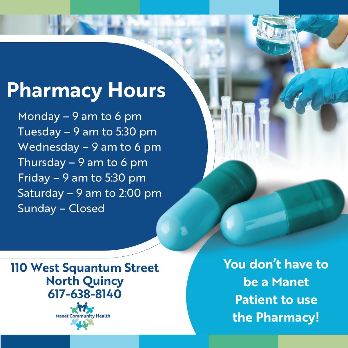 Did you know? You don’t need to be a Manet patient to use our pharmacy! Located at our N. Quincy site, the pharmacy offers a convenient access for patients &amp; community members to prescriptions &amp; a knowledgeable and friendly staff. For more info, visit manetchc.org/pharmacy/