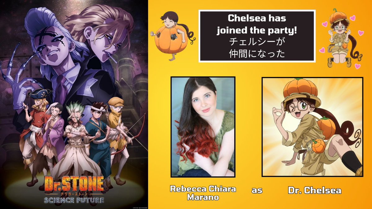 🎃"THIS IS PEAK HYPE!" 🎃

I could not be more PUMPED to announce that I voice the ✨Genius Geographer✨, Dr. Chelsea, in this second cour of Dr. Stone!!! 🎃

She's such a zany goofball and I love her to bits!

So honored to be the newest team member of the kingdom of science!