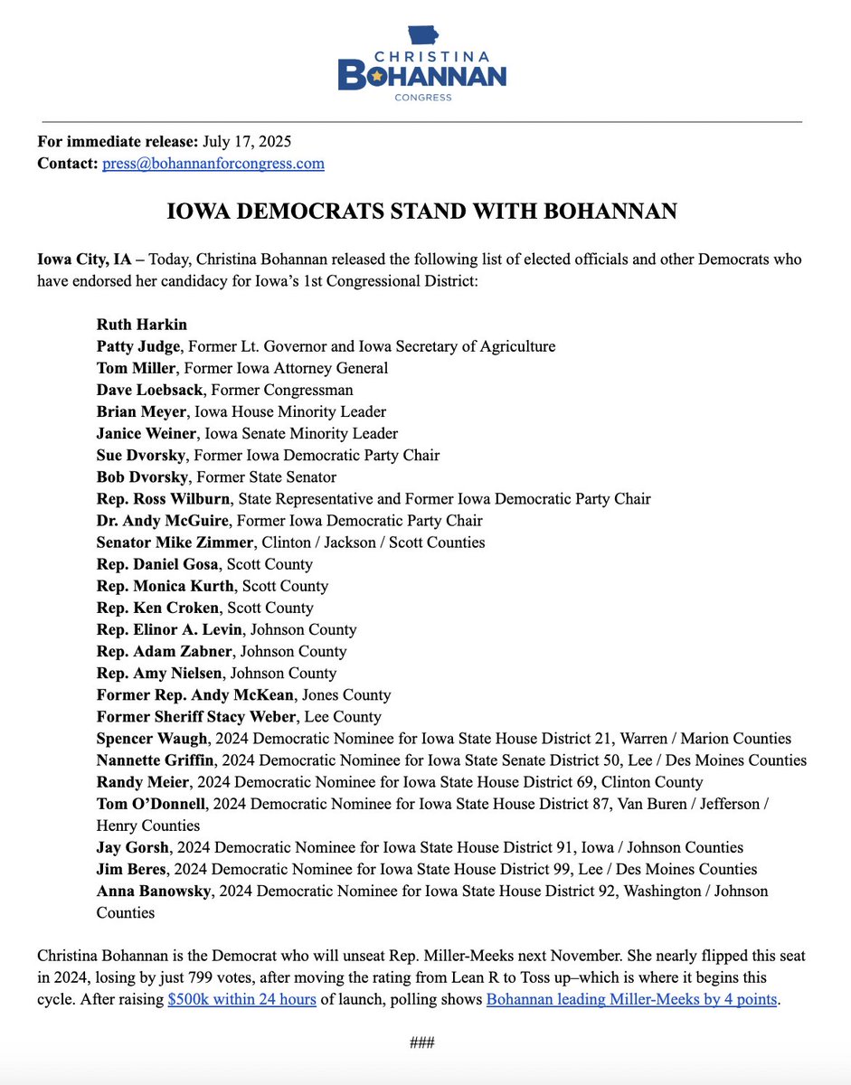 BohannanIowa's tweet image. I'm thrilled to announce the widespread and unified support of Democratic leaders across Iowa and the 1st District!