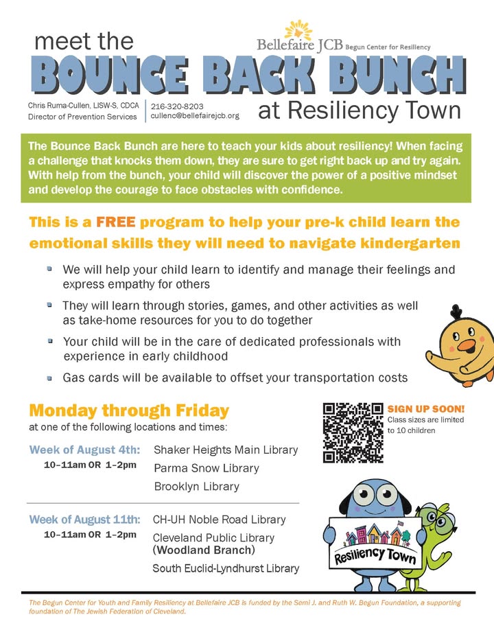 🎉 The Bounce Back Bunch at Resiliency Town starts August 4th! 

Join this FREE program for Pre-K children with fun games that help teach emotional regulation and life skills! 

Gas cards are available for transport.

📅 Limited spots — sign up: ow.ly/526H50WrryR