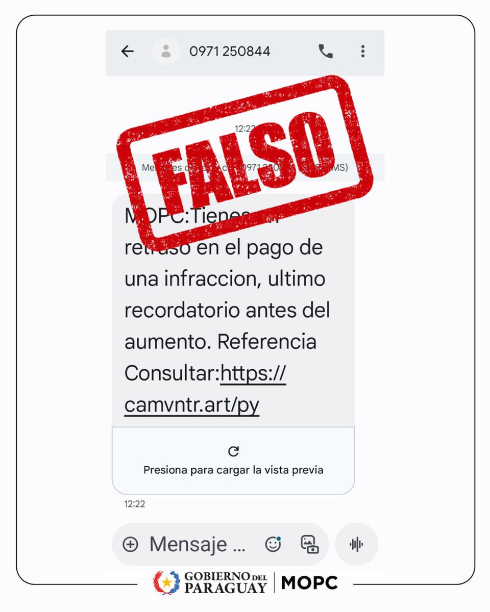 mopcparaguay's tweet image. 🚨 ¡Cuidado con las falsas multas! 🚨

La #PatrullaCaminera alerta sobre mensajes falsos que usan su logo para cobrar multas inexistentes con enlaces fraudulentos.

📌 La Caminera no cobra ni notifica por WhatsApp, SMS o email.

✅️ Más detalles 👉 mopc.gov.py/?p=14875