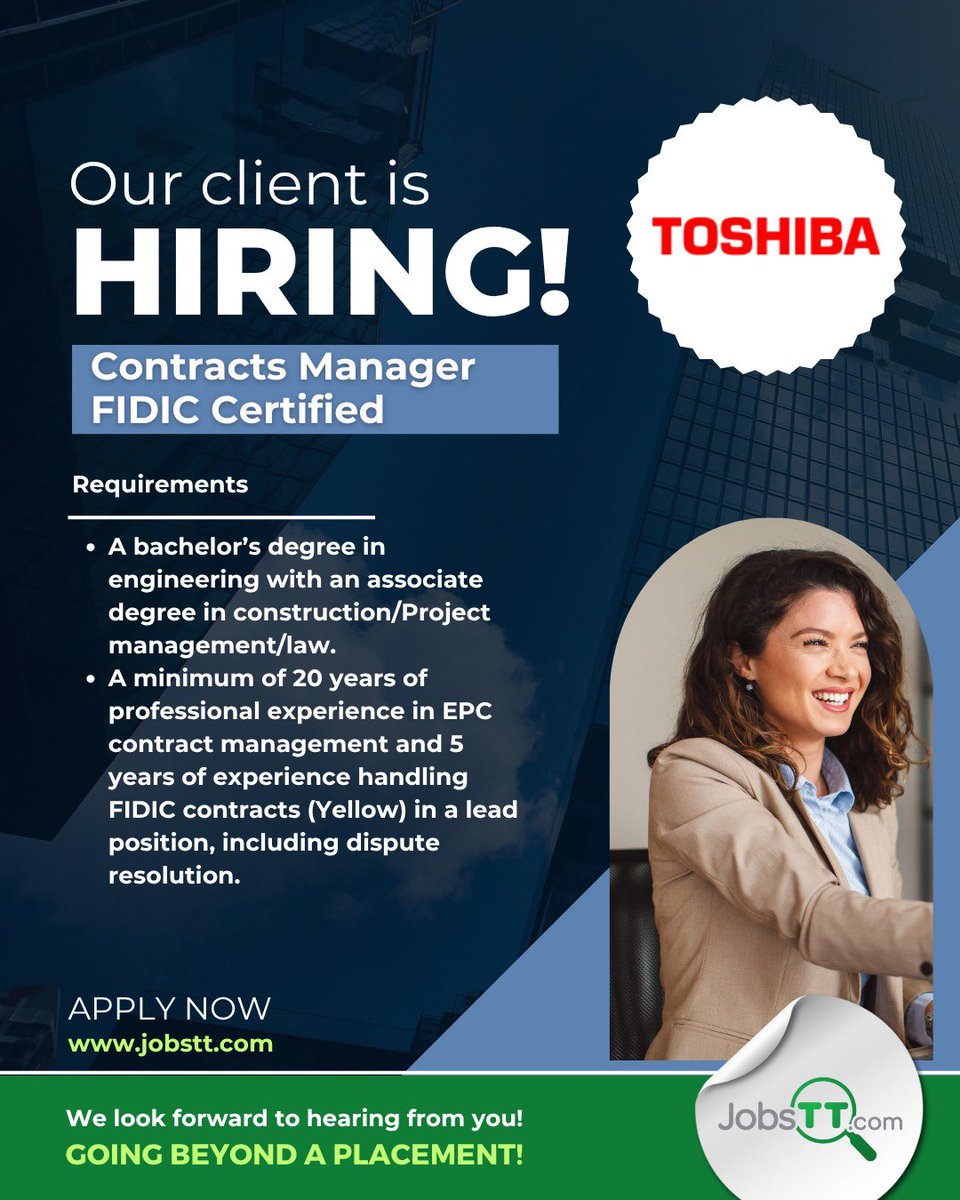 JobsTandT's tweet photo. Toshiba Water Solutions America Inc is hiring a Contracts Manager (FIDIC Certified)
Get more information: https://t.co/iNIA5qtjqS
…
Education 
A bachelor’s degree in engineering with an associate degree in construction/Project management/ https://t.co/rYGj4ZSnjn