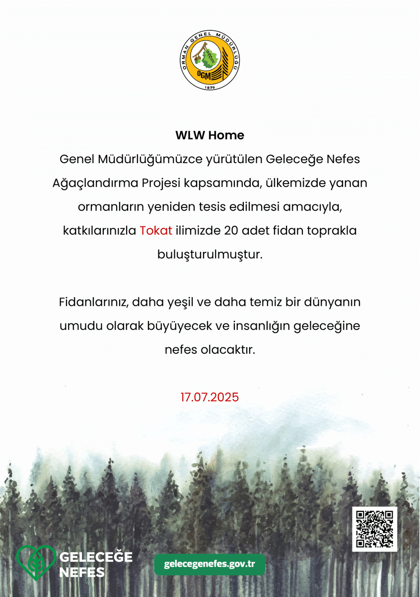 wlwhome's tweet image. Yangınlar sebebiyle ülkemizin ormanlarında köylerinde çiçekler tekrar açsın hayvanlarımız nefes bulsun diye WLW Home admini olarak memleketim Tokat'a 20 fidan bağışında bulundum!
Sizler de yanan bölgelerimize fidan bağışında bulunarak geleceğe nefes olmak ister misiniz?…