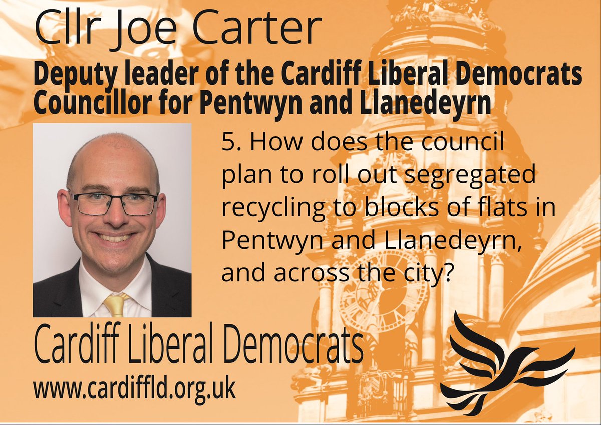 Cardiff Liberal Democrats (@cardifflibdems) on Twitter photo Question 5 is from Pentwyn and Llanedeyrn councillor <a href="/joseph_carterUK/">Cllr. Joe Carter 🔶 🇺🇦</a> on the roll out of segregated recycling to blocks of flats. We need to increase recycling but it only takes one tenant to contaminate the whole bin. How will the council make this rollout a success? Question 5 is from Pentwyn and Llanedeyrn councillor <a href="/joseph_carterUK/">Cllr. Joe Carter 🔶 🇺🇦</a> on the roll out of segregated recycling to blocks of flats. We need to increase recycling but it only takes one tenant to contaminate the whole bin. How will the council make this rollout a success?