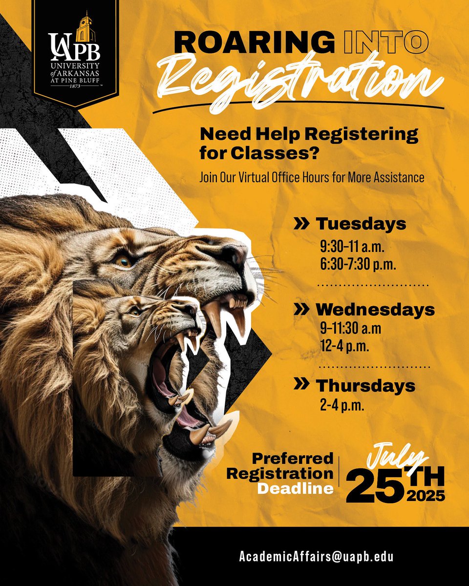 UAPB Official (@uapbinfo) on Twitter photo Students, have you registered for classes? Do you need help? We got you!
Let us know by dropping us an email—AcademicAffairs@UAPB.edu— so you can get an appointment and get set for the fall semester.
#DearMother
#UAPB Students, have you registered for classes? Do you need help? We got you!
Let us know by dropping us an email—AcademicAffairs@UAPB.edu— so you can get an appointment and get set for the fall semester.
#DearMother
#UAPB