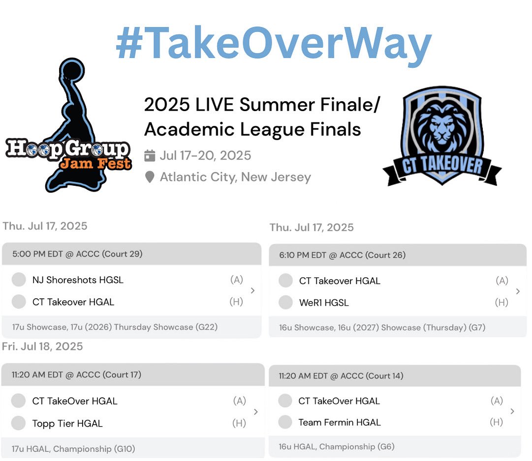 cttakeover's tweet image. Coaches here’s our schedule for this week @TheHoopGroup Summer Finale. Both 17s and 16s are full of college prospects !!
@RecruitTheBronx @NERRHoops
