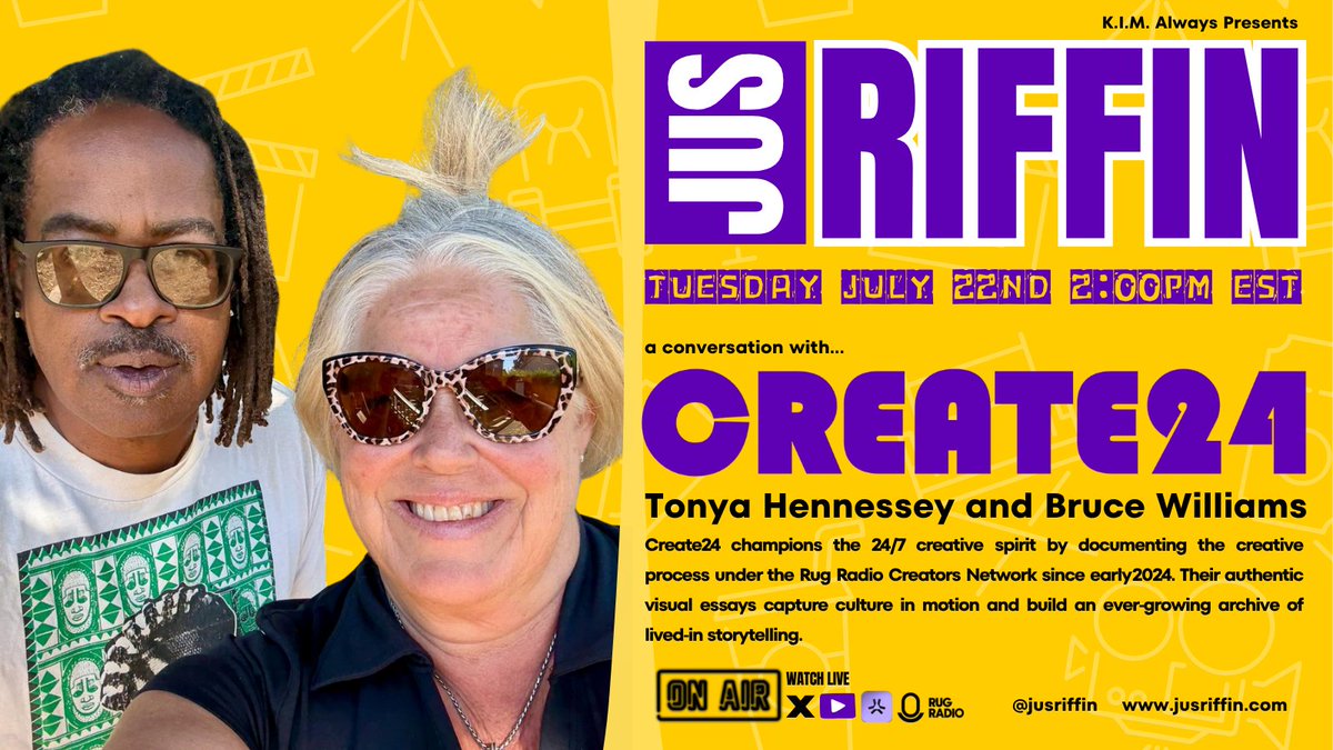 Jus Riffin’ (@jusriffin) on Twitter photo Don’t miss Tonya Hennessey <a href="/ms_hennessey1/">SplashofHenny</a> and Bruce Williams <a href="/brucewi20398821/">Bruce Williams</a> from Create24 on Jus Riffin’, July 22 at 2 PM EST.
Get a behind‑the‑scenes look at their creative process.
Powered by <a href="/RugRadio/">Rug Radio</a> Don’t miss Tonya Hennessey <a href="/ms_hennessey1/">SplashofHenny</a> and Bruce Williams <a href="/brucewi20398821/">Bruce Williams</a> from Create24 on Jus Riffin’, July 22 at 2 PM EST.
Get a behind‑the‑scenes look at their creative process.
Powered by <a href="/RugRadio/">Rug Radio</a>