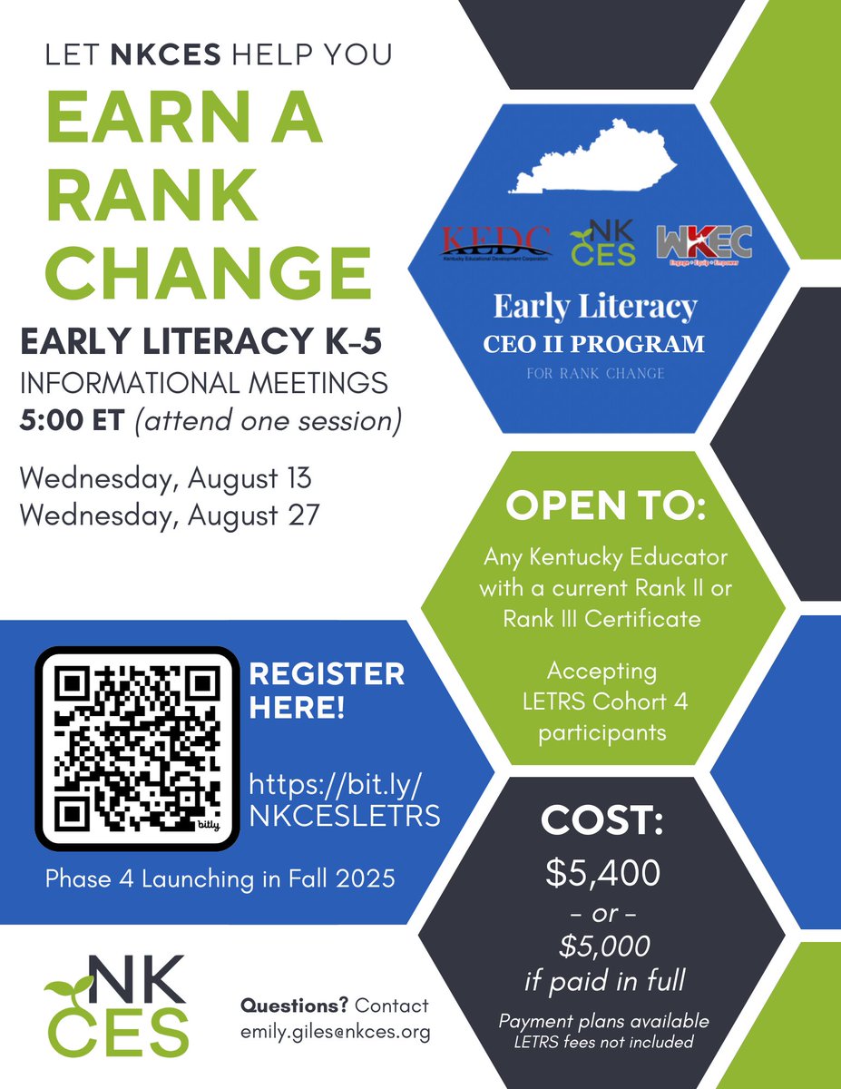 🌱Invest in yourself. Inspire your students. Advance your career. 🌱
Earn your RANK CHANGE with NKCES through the Early Literacy CEO II Program Register for an info session today to learn more: bit.ly/NKCESLETRS.
#ConnectGrowServe #LETRS