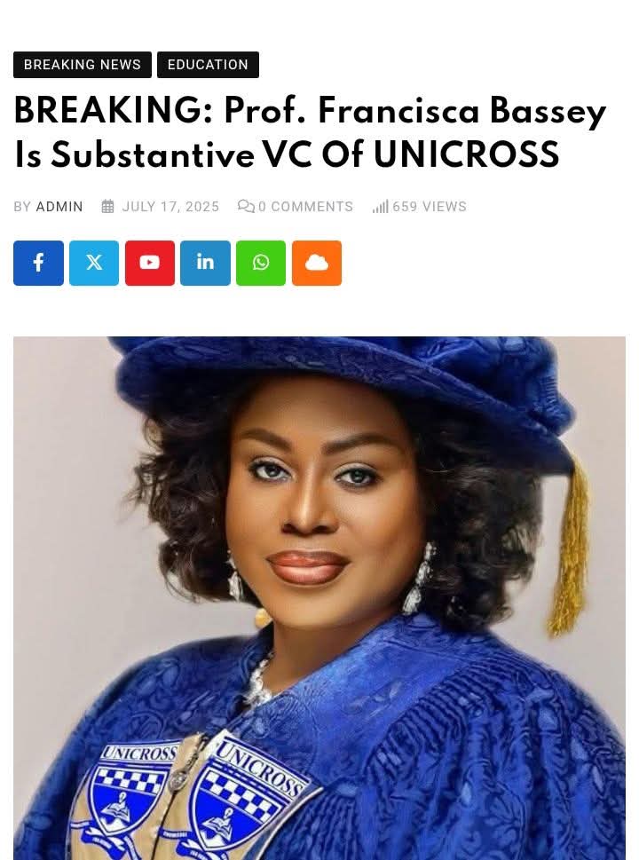 BREAKING: Prof. Francisca Bassey Is Substantive VC Of UNICROSS 

"The appointment takes with immediate effect and follows the recommendations of the University’s Governing Council...

Read More @; crossriverwatch.com/?p=98841