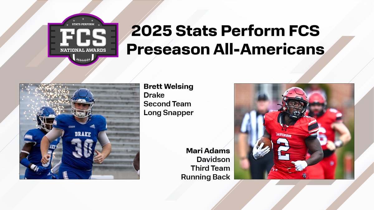 Congratulations to Drake long snapper Brett Welsing and Davidson running back Mari Adams, who were named to the 2025 Stats Perform FCS Preseason All-America Team on Tuesday!

Story &gt; pioneer-football.org/news/2025/7/17…