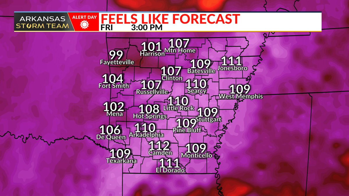 joel_off_air's tweet image. ALERT DAY FRIDAY⚠️🥵 Extreme Heat WARNINGS have been issued across much of Central and Eastern Arkansas through Friday evening as heat index values soar to 110 degrees!
Take care of yourselves and each other. Stay hydrated & avoid outdoor strenuous activity. @ChrisPipkinWx…