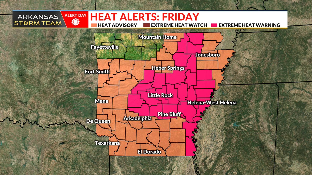 joel_off_air's tweet image. ALERT DAY FRIDAY⚠️🥵 Extreme Heat WARNINGS have been issued across much of Central and Eastern Arkansas through Friday evening as heat index values soar to 110 degrees!
Take care of yourselves and each other. Stay hydrated & avoid outdoor strenuous activity. @ChrisPipkinWx…