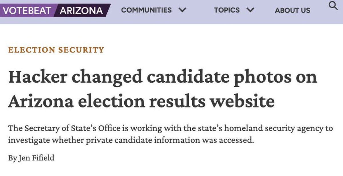 The more that comes out on this AZ cyberattack the more this reeks of a cover-up

Why wasn’t the Trump admin notified immediately?

Why wasn’t the DOJ notified immediately?

Why did Fontes try to downplay &amp; sweep this under the rug?

This is how voters lose faith in our elections