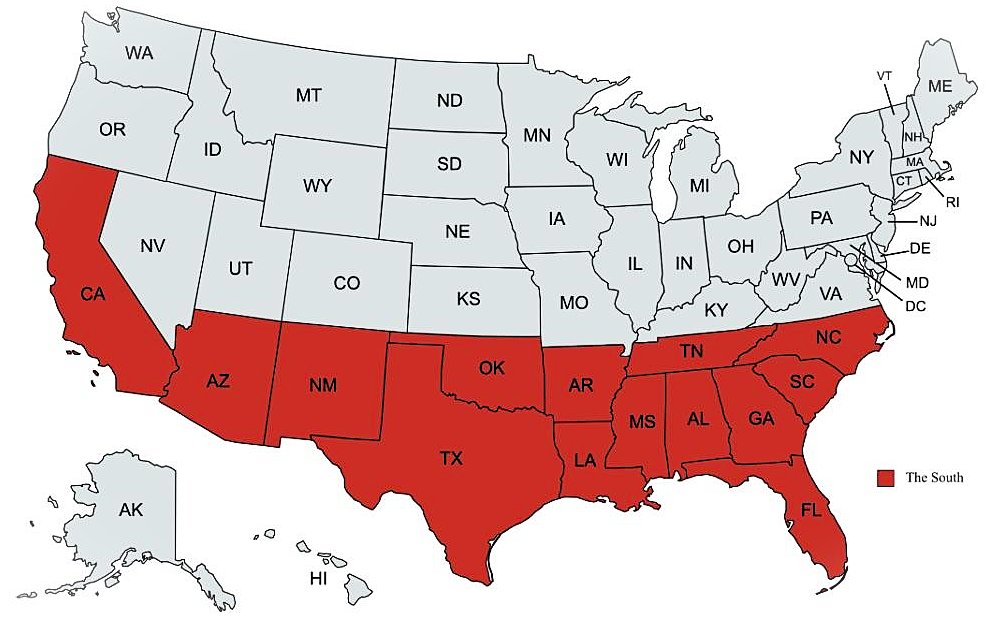 TerribleMaps's tweet image. Map of what Europeans think is the ‘South’ in the USA