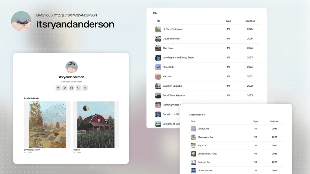 manifold.xyz (@manifoldxyz) on Twitter photo Last week, we updated Studio Profiles to allow for custom pages, featured works, and external tokens. Now we’re seeing artists weave their own stories together.
Need inspiration? Examples from <a href="/ItsRyanAnderson/">Ryan D. Anderson</a> <a href="/juliakponsford/">⏚ ALIEN HONEY ⏚</a> <a href="/louisdazy/">Louis Dazy</a> <a href="/jerre_art/">J'erre</a> <a href="/joelle_lb/">Joelle LB</a> Last week, we updated Studio Profiles to allow for custom pages, featured works, and external tokens. Now we’re seeing artists weave their own stories together.
Need inspiration? Examples from <a href="/ItsRyanAnderson/">Ryan D. Anderson</a> <a href="/juliakponsford/">⏚ ALIEN HONEY ⏚</a> <a href="/louisdazy/">Louis Dazy</a> <a href="/jerre_art/">J'erre</a> <a href="/joelle_lb/">Joelle LB</a>