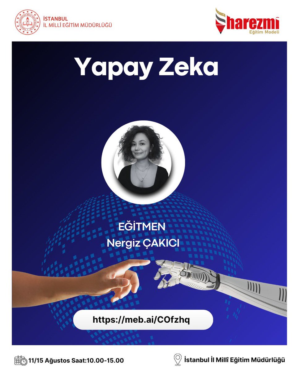 Sevgili öğretmenim,
“Bu yapay zeka nedir, herkes konuşuyor ama biz sınıfta nasıl kullanacağız?” diyorsan…
Tam sana göre, sade, anlaşılır ve bol örnekli bir kurs hazırladık! Eğitim dünyası değişiyor, sen bu değişimin dışında kalma.
meb.ai/COfzhq
<a href="/istanbulilmem/">İstanbul İl Millî Eğitim Müdürlüğü</a>